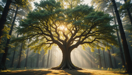 Obraz premium majestic tree stands in sunlit forest, its sprawling branches illuminated by golden rays, evoking serenity and wonder.