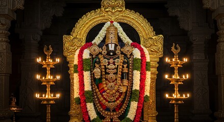 Exquisite Tirupati Balaji idol bathed in warm light within a sacred temple