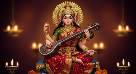 Divine representation of Saraswati, the Hindu goddess of knowledge and arts