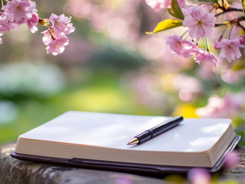 A leather journal and pen rest on a weathered stone bench under blooming cherry blossoms. Soft sunlight filters through, creating a serene, inspiring, and nostalgic atmosphere for reflection.