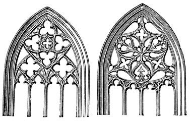 Gothic church window with tracery. Publication of the "Meyers encyclopedia", Vol. 7, Leipzig, Germany, 1910.