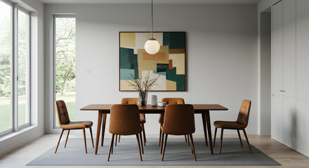 Elegant Mid-Century Modern Dining Area with Tapered Legs and Abstract Art