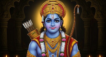 Detailed illustration of Lord Rama, Indian deity with bow and golden jewelry