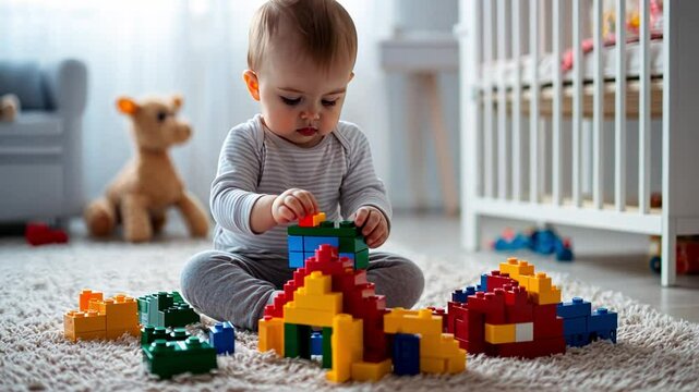 Little Builder: An adorable baby boy engrossed in the world of colorful toy blocks, crafting his imagination in a bright, inviting nursery room.