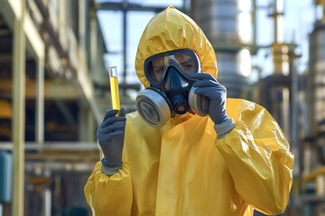 Scientist wearing a hazmat suit and gas mask holds a test tube containing a yellow liquid, conducting research in a potentially hazardous industrial environment