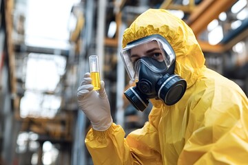 Scientist examining sample of toxic substance in test tube wearing hazmat suit and gas mask in industrial environment performing chemical analysis for environmental protection