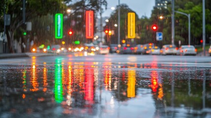 Fototapeta premium Neon signs reflected a wet urban street blurred traffic lights in the background
