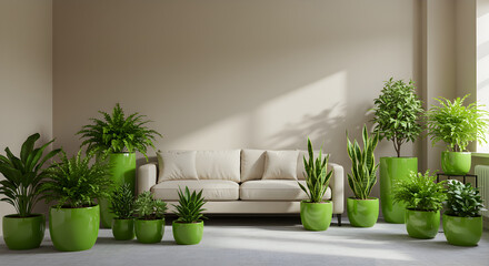 Neutral Toned Room With Pops Of Green From Potted Plants Creates Freshness