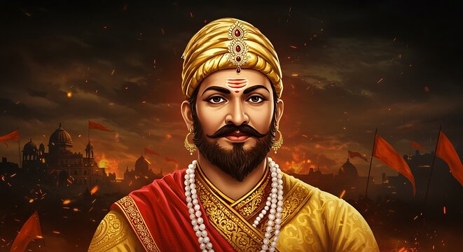 Illustration of the Maratha Ruler Shivaji Maharaj with Dramatic Backdrop