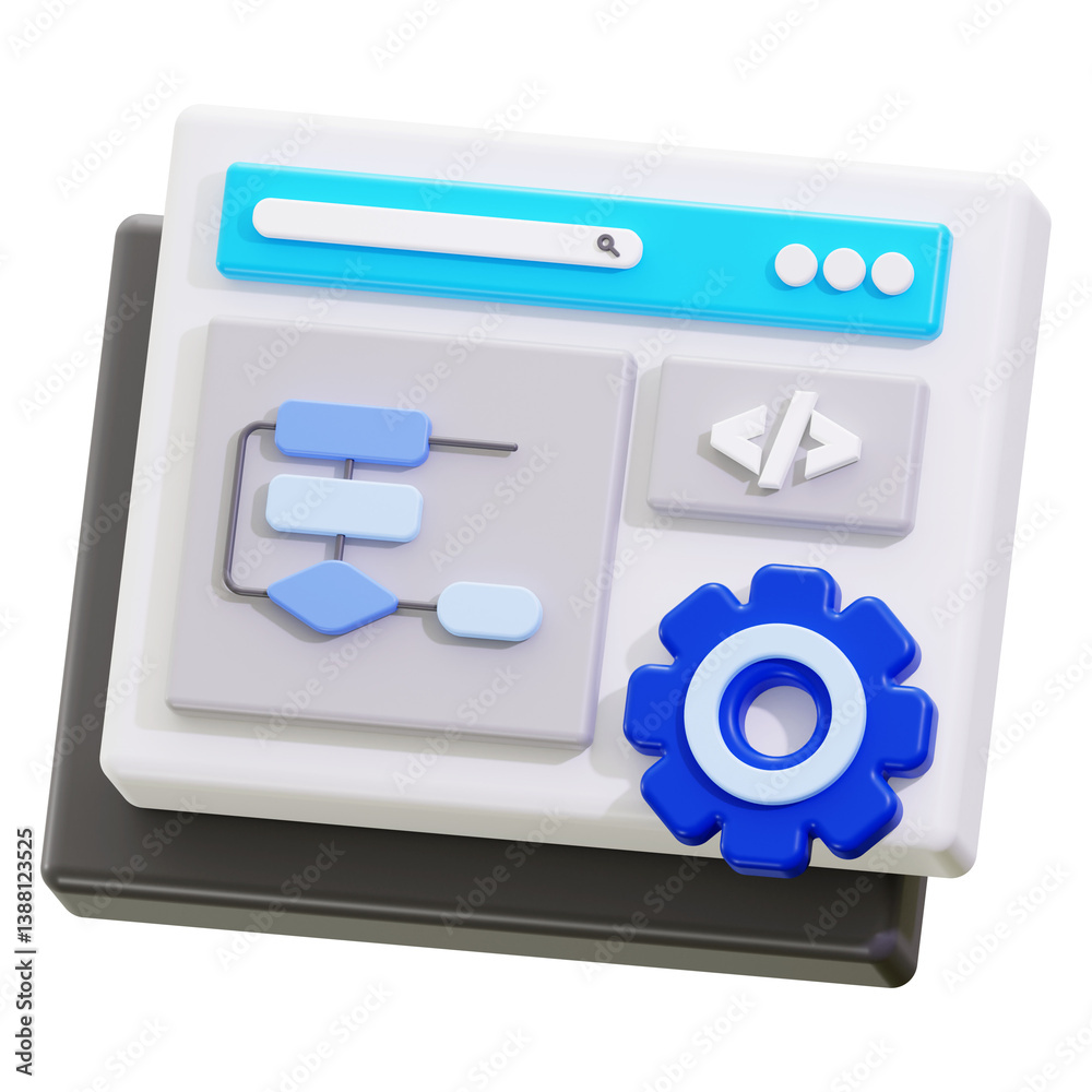 Poster algorithm concept with turning blue gear and 3d website icon, suitable for technology, data analysis