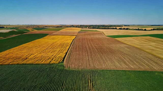Stunning aerial view of vibrant patchwork farmland landscape under clear blue sky