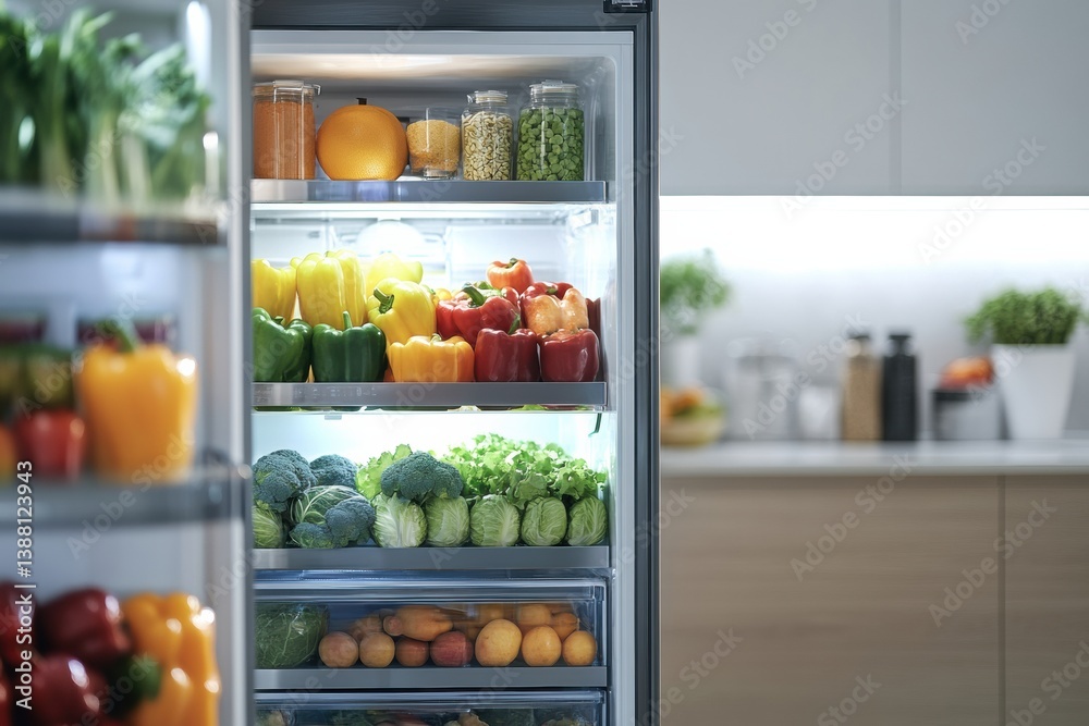 Poster high-tech smart refrigerator showcasing colorful groceries with holographic nutritional data in a mo