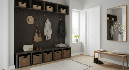 Stylish Entryway Interior With Mudroom Storage And Minimalist Decoration