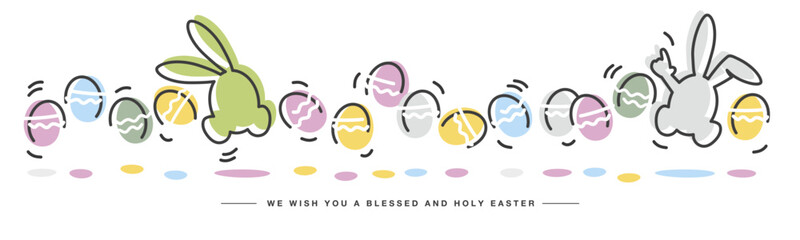 We wish you a blessed and holy Easter. Easter handwitten cheerful cartoon jumping colorful eggs and rabbits line design on a white isolated background