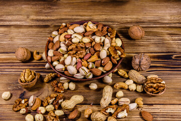 Various nuts (almond, cashew, hazelnut, pistachio, walnut) in ceramic plate on a wooden table. Vegetarian meal. Healthy eating concept