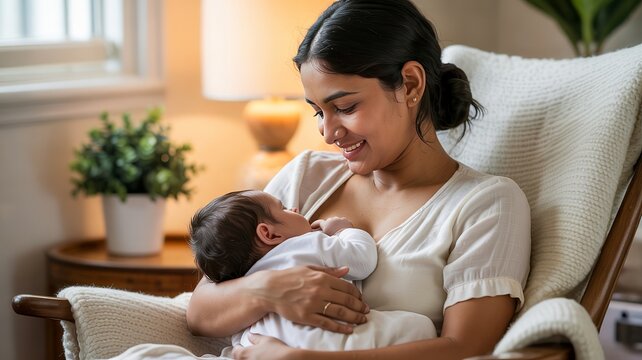 An Indian Mother Breastfeeding Her Infant in a Peaceful and Cozy Home