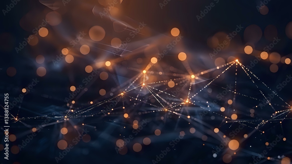 Poster abstract network of glowing orange dots connected by light lines against dark background with bokeh 