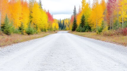 A gravel road stretches into a vibrant autumn forest. Bright yellow and red trees line both sides, creating a picturesque scene. The image is high-quality, with natural light and a shallow depth of