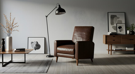 Modern Scandinavian Living Room with Leather Recliner and Minimalist Decor
