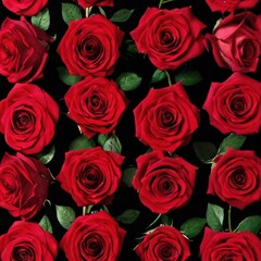 Red roses with vintage charm. Flowers with delicate dew drops and lush green leaves create a timeless floral pattern, ideal for romantic, vintage, or decorative designs.