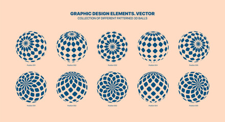 Assorted Various Blue 3D Balls In Different Positions With Halftone Rhombus Pattern Vector Graphic Set Isolated On Beige Background. Contemporary Graphic Variety 3D Spheres Design Elements Bundle