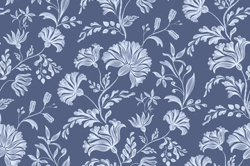 Vintage floral ethnic tapestry modern embroidery texture boho design vector illustration hand drawn silhouette indigo blue flower motif branches leaves wallpaper seamless background border.
