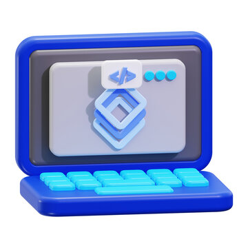 Full stack development 3d render of a laptop with coding symbols, perfect for tech articles, web design resources, programming concepts