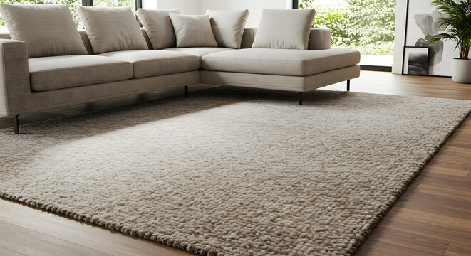 Neutral Interior Scene Featuring Nubby Wool Rug and Low Profile Sectional Sofa