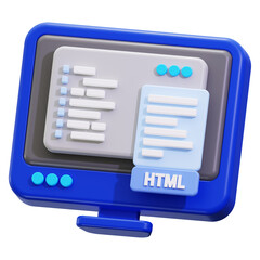 Html code displayed in 3D on a blue monitor screen, ideal for tech websites, coding tutorials, and digital presentations