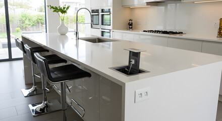 Modern White Kitchen Island with Hidden Pop-Up Outlet and Bar Stools