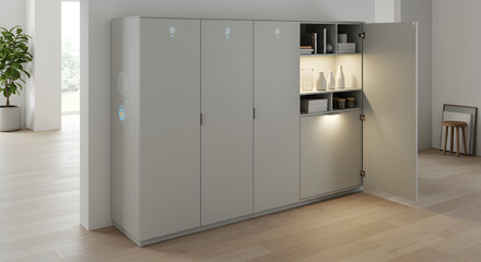 Innovative Home Storage Solutions Cabinet with IoT and Smart Lighting Concepts