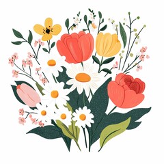 Naklejka premium Floral illustration with vibrant tulips daisies and greenery cheerful and colorful perfect for spring and nature themes