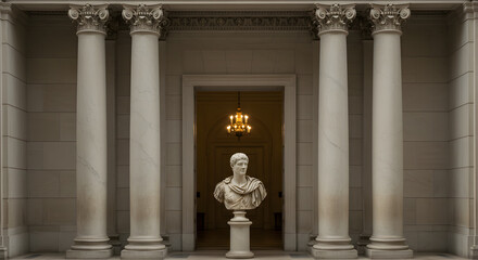 Obraz premium Neoclassical Architectural Marvel Featuring Marble Bust and Fluted Columns