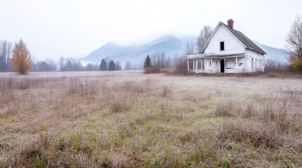 Abandoned farmhouse in a misty field