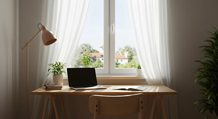 Fototapeta premium Serene Workspace with Laptop and Open Window for Work from Home Concept