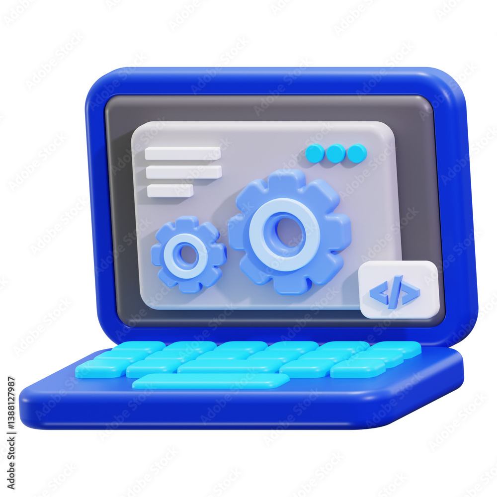 Poster blue 3d laptop with code and gears for web development concept. suitable for web design and developm