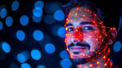 Mans face with digital network, and bokeh.