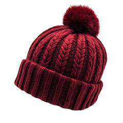 A Warm Wool Hat with Pom Pom in Deep Burgundy Isolated on Transparent Background