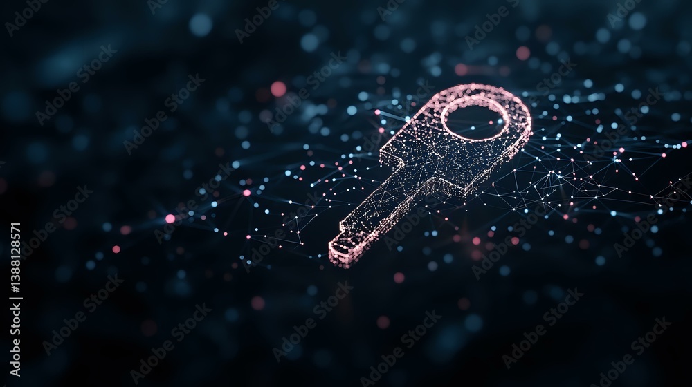 Poster glowing digital key symbol floating in dark space with scattered light particles and bokeh effects c