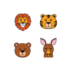 Fototapeta premium set of funny cartoon animals.Cute Cartoon Animal Heads: Lion, Tiger, Bear, and KangarooFour cartoon animal heads, a lion, tiger, bear, and kangaroo, in a simple, child-friendly style.