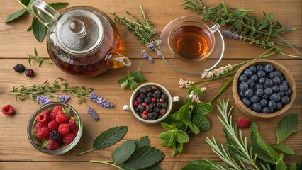 Herbal tea preparation with freshly foraged forest herbs and berries on wooden surface