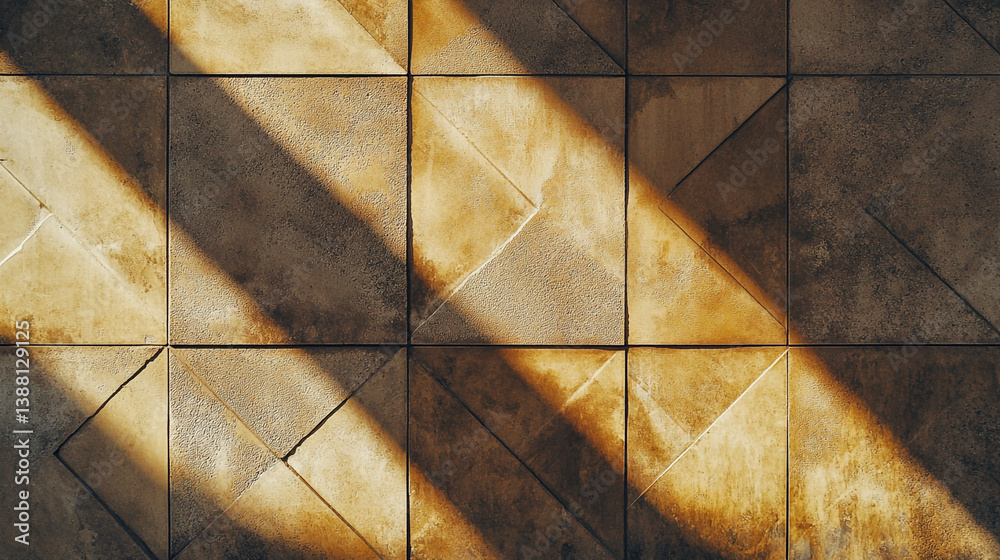 Poster abstract wall pattern with light and shadow creating geometric shapes on textured square tiles backd