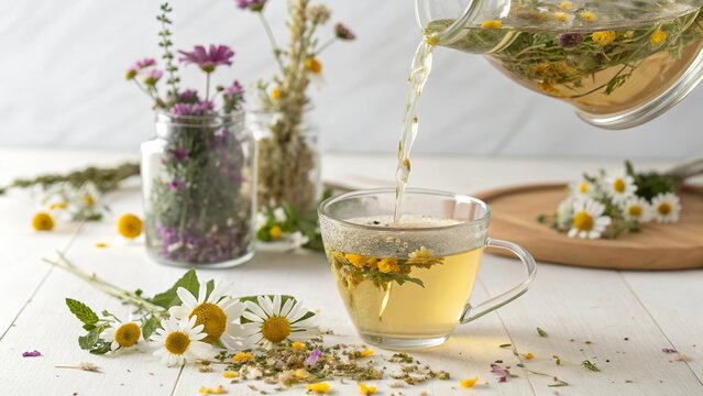 Refreshing herbal infusion made with dried flowers and herbs in a serene setting