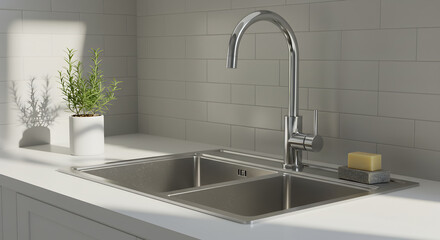 Modern Kitchen Sink Area with Rosemary Plant and Stone Soap Minimalist