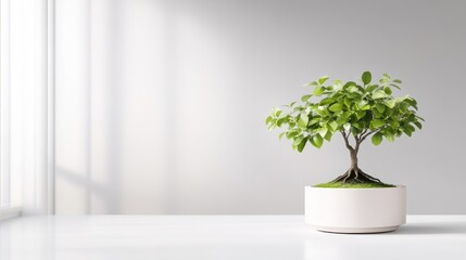 A small bonsai tree sits in a simple white pot on a bright white surface. The minimalist composition is enhanced by soft, natural light. The image boasts high quality and resolution. Its serene styl