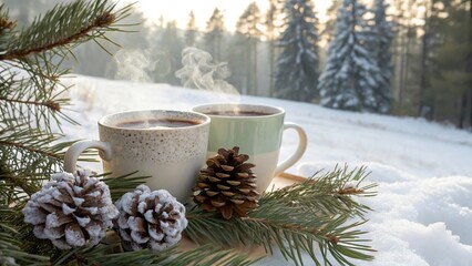 Warm drinks resting peacefully on pine branches amidst a frosty winter landscape in a serene forest setting
