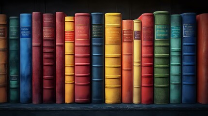 Vintage hardcover books in vibrant colors arranged on wooden shelf, spines showing classic literature collection with rich red, blue, yellow and green bindings.