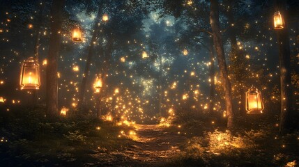 Glowing lanterns creating a peaceful ambiance in a starry forest clearing