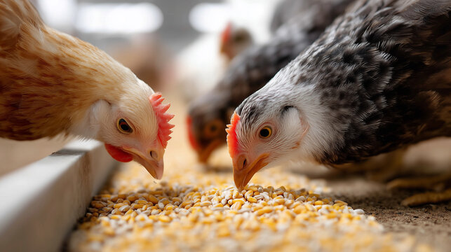 Barnyard chickens pecking corn and grain from metal trough, representing active farming environment with feathered livestock