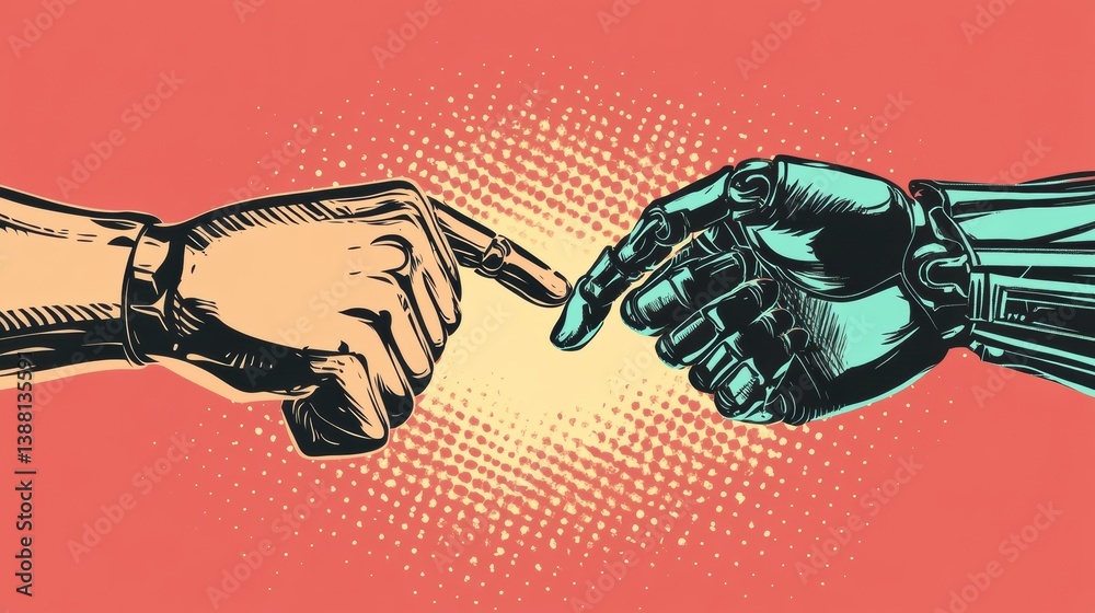 Poster Modern vision of conflict between human and artificial intelligence in a vibrant collage of touch and connection